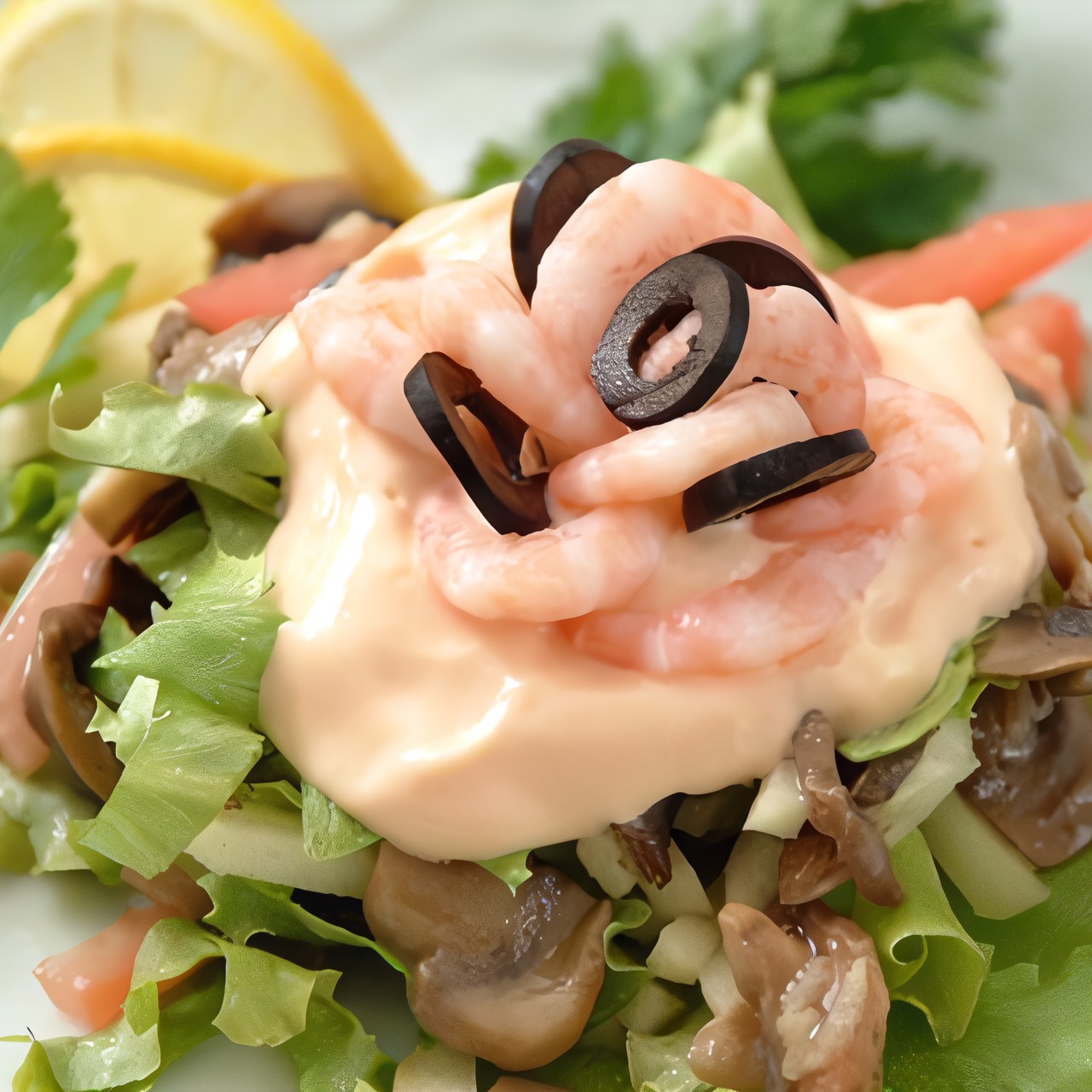 Салат из креветок с шампиньонами и зеленью