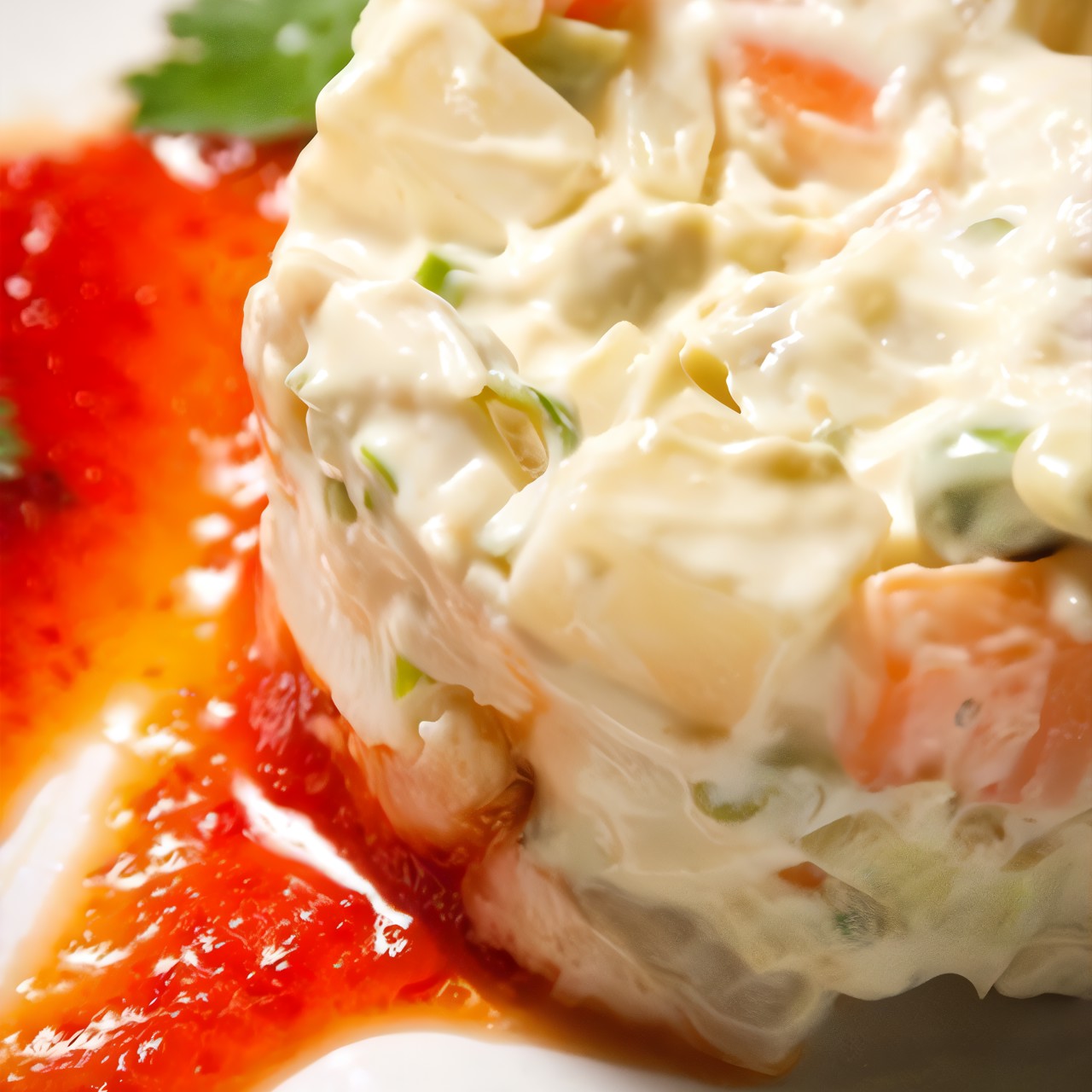 Салат из курицы с авокадо со сладким соусом