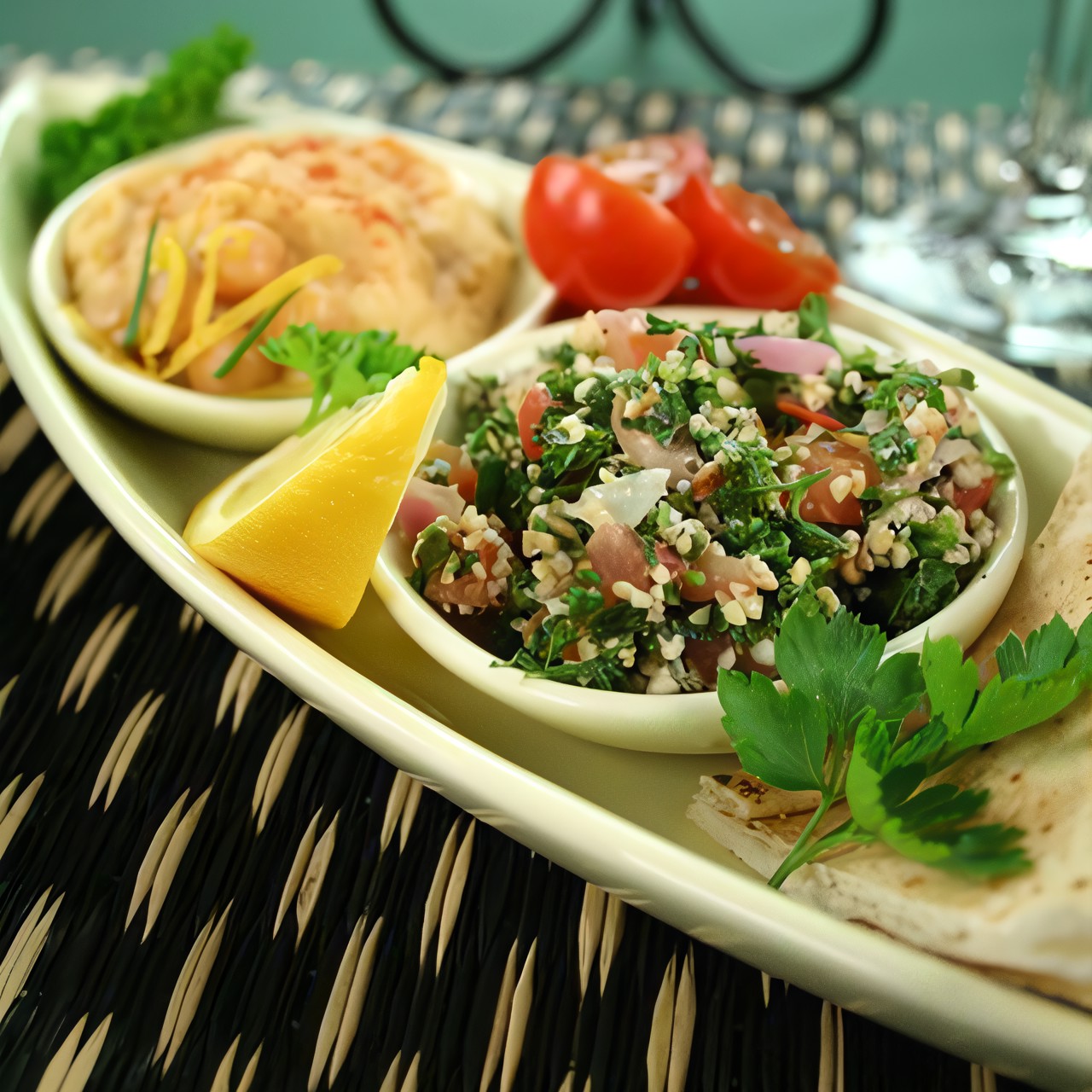 Салат из кускуса с нутом, красными перцами и заправкой из кумина