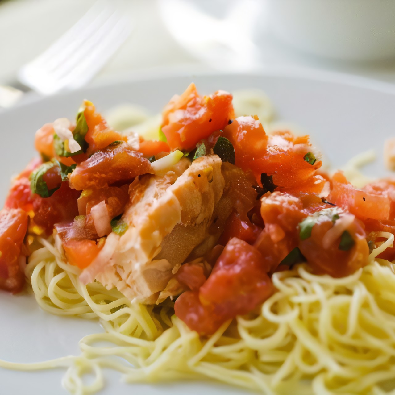 Салат из лосося и лапши с овощами