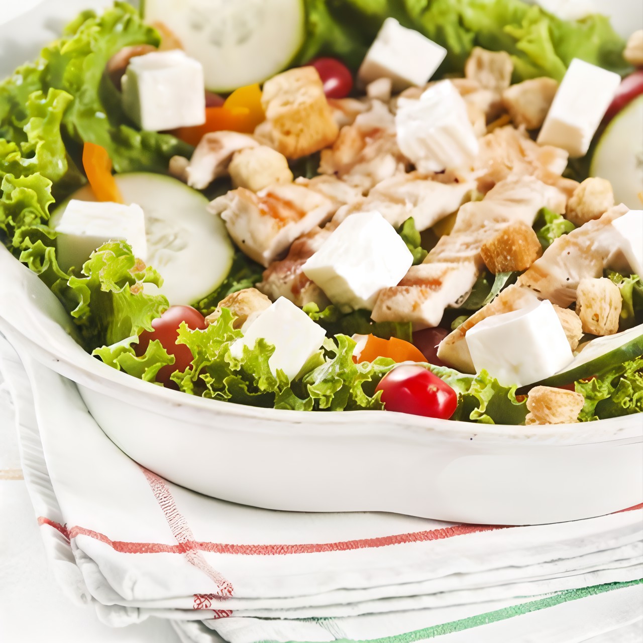 Салат из мяса, овощей и моцареллы с соусом чимичурри