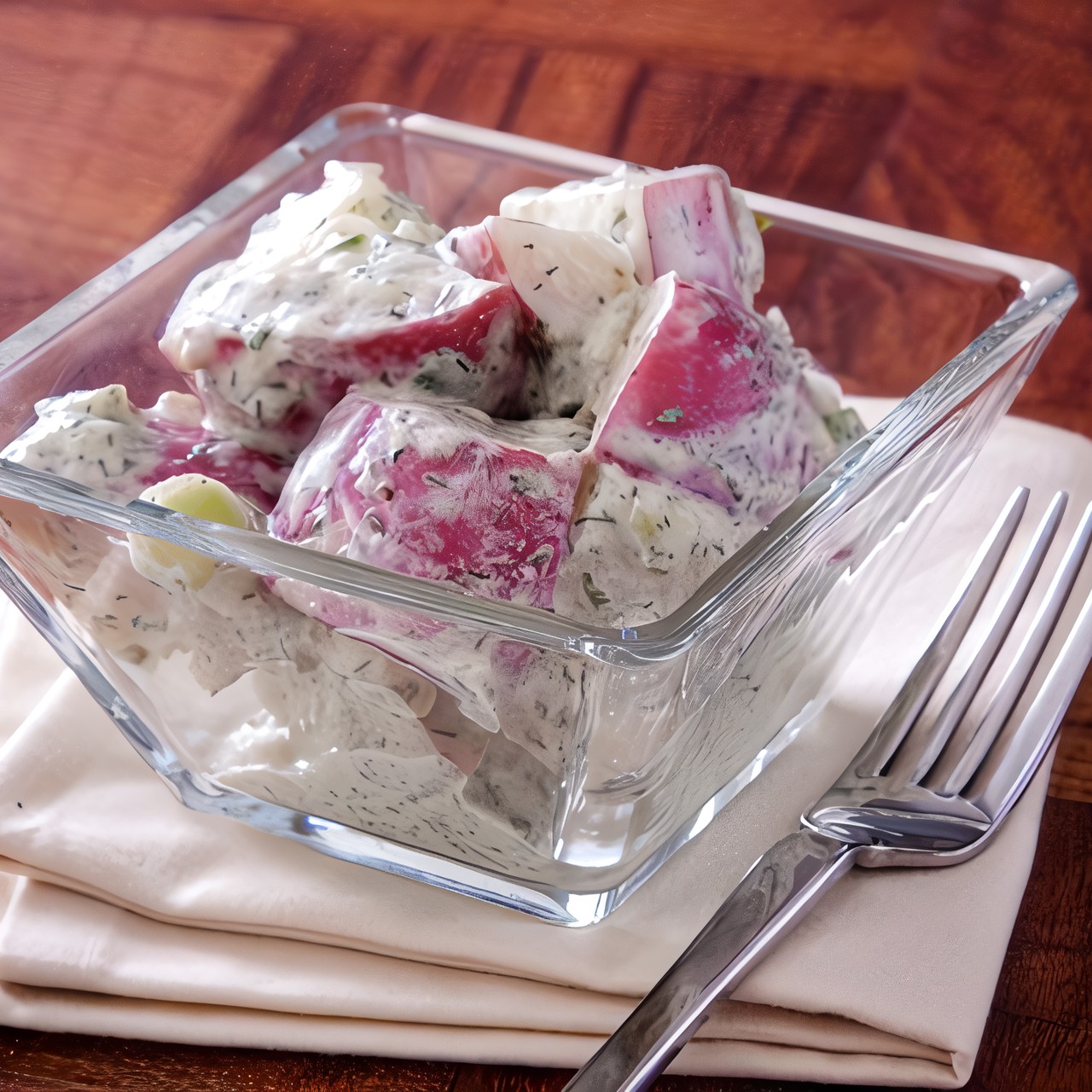 Салат из молодого картофеля с голубым сыром, беконом и зеленым луком