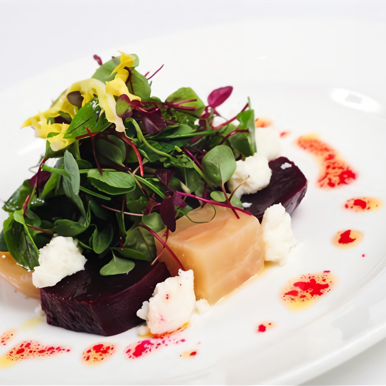 Салат из печеной свеклы с рукколой, мангольдом и козьим сыром