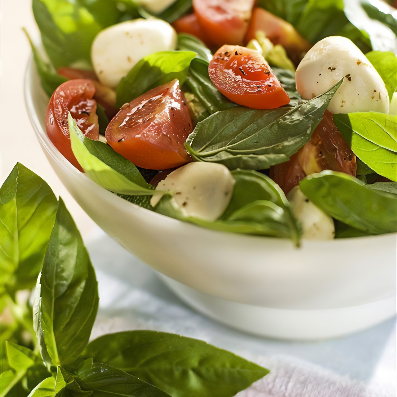 Салат из помидоров, моцареллы и базилика с горчичной заправкой