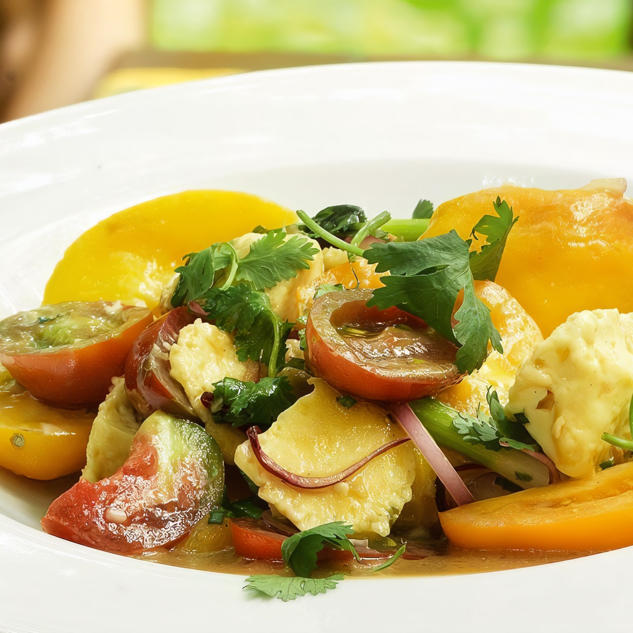 Салат из помидоров с персиками и жареным сыром