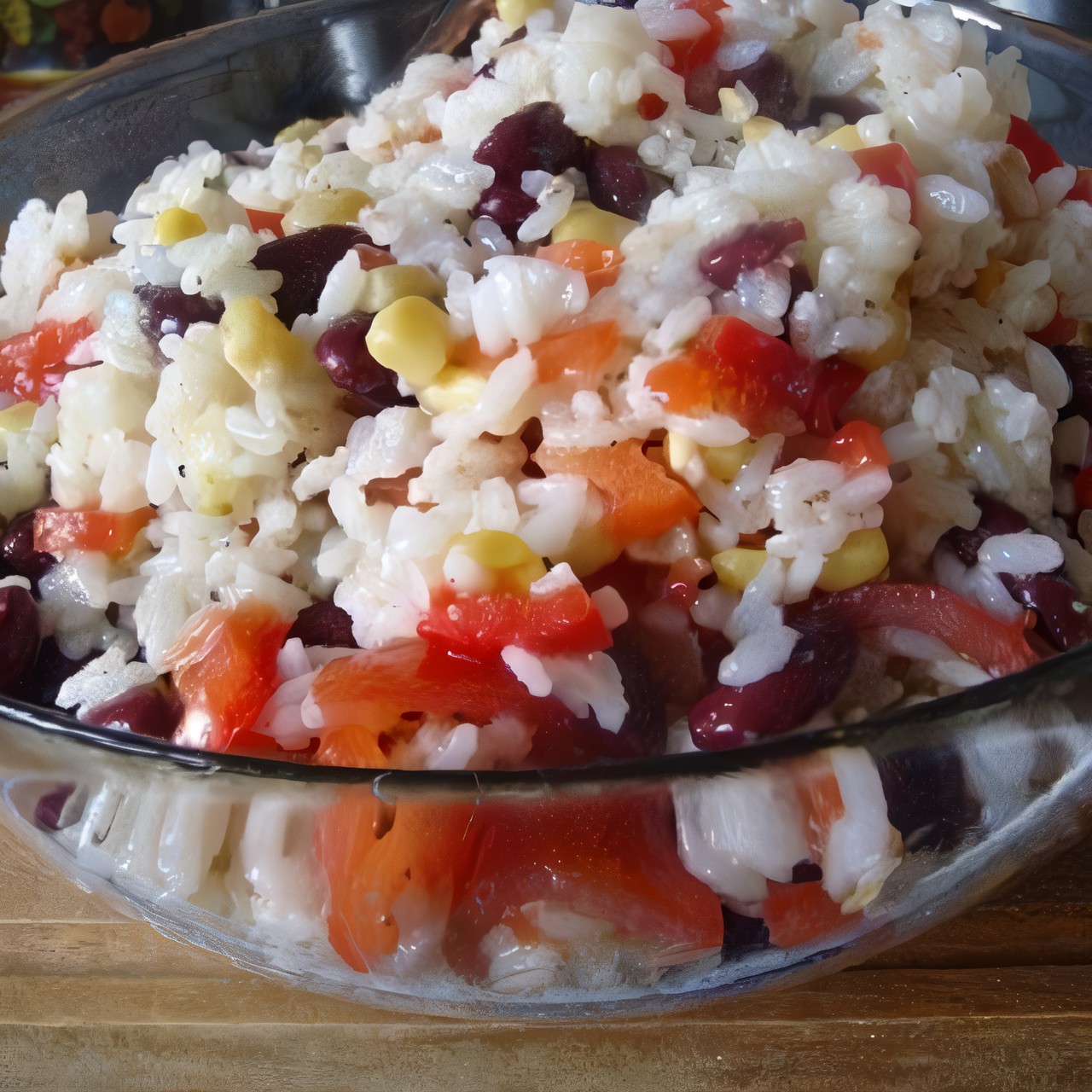 Салат из риса, красной фасоли, кукурузы и помидоров черри