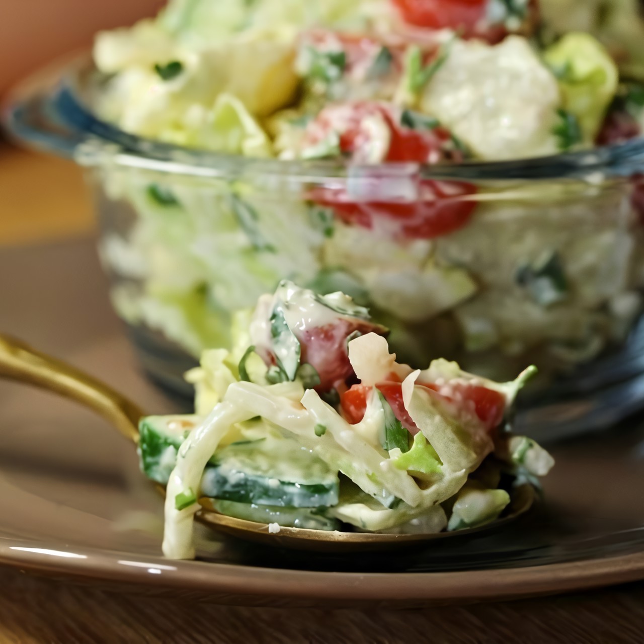 Салат из свежих овощей с сырно-горчичной заправкой