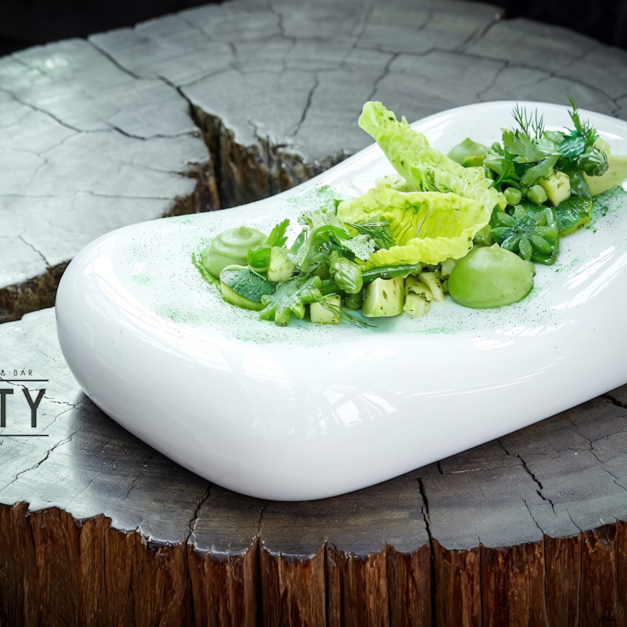 Салат из зеленых овощей смуссом из брокколи и васаби