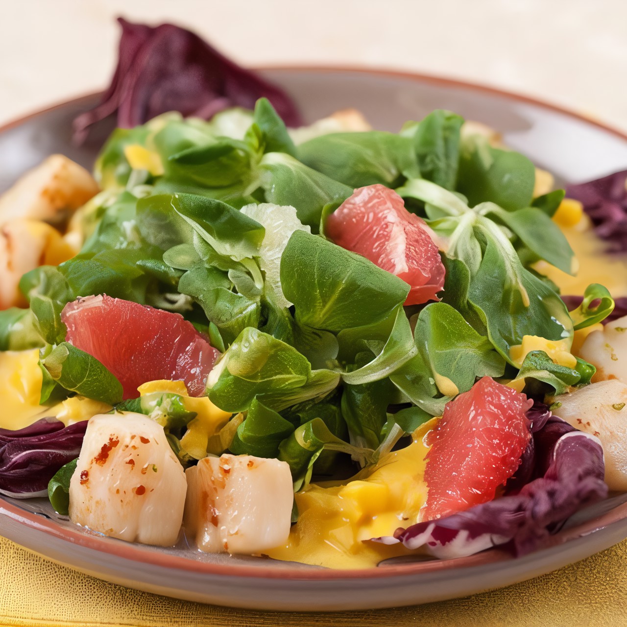 Салат корн с морским гребешком и манговым соусом