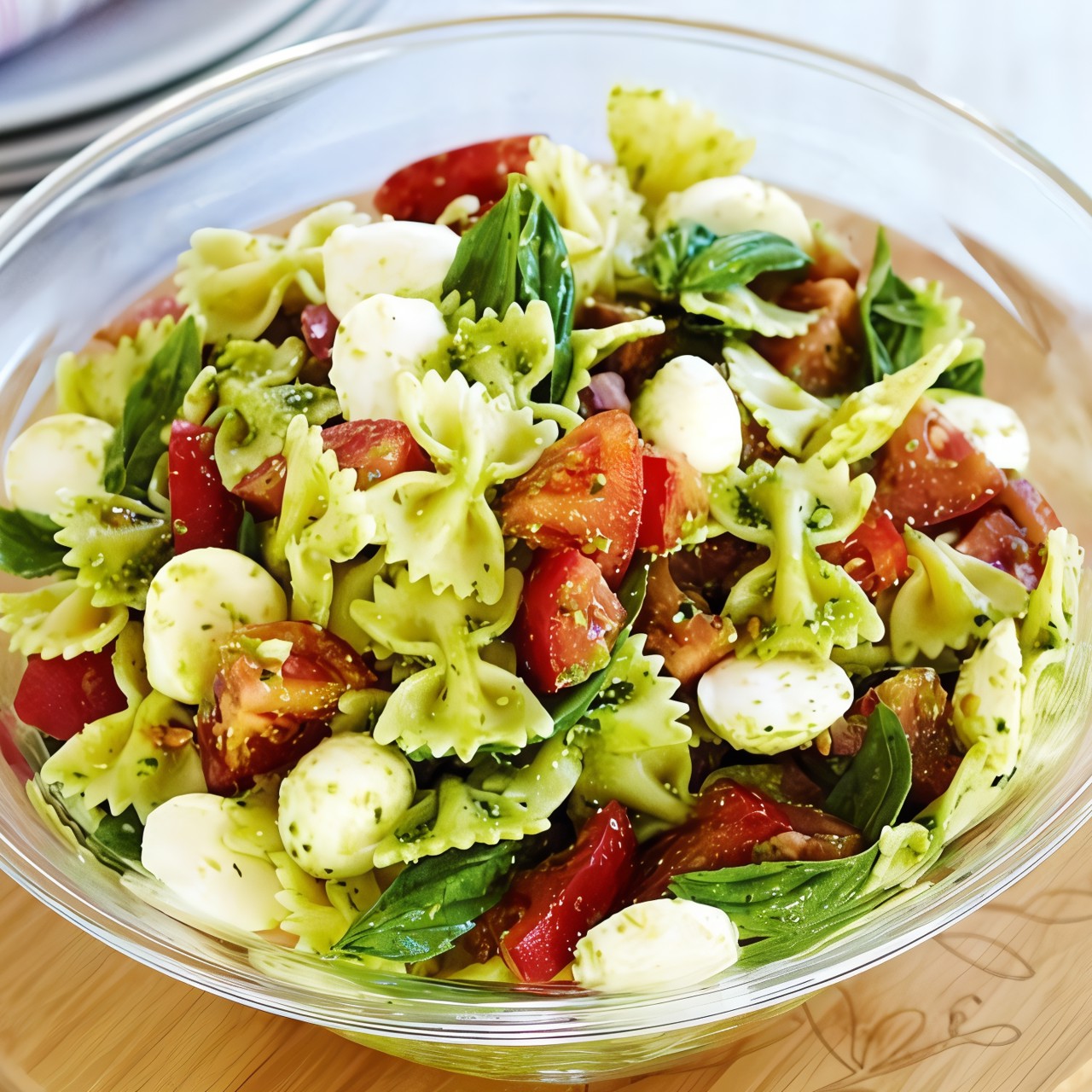 Салат-паста с помидорами, моцареллой и песто