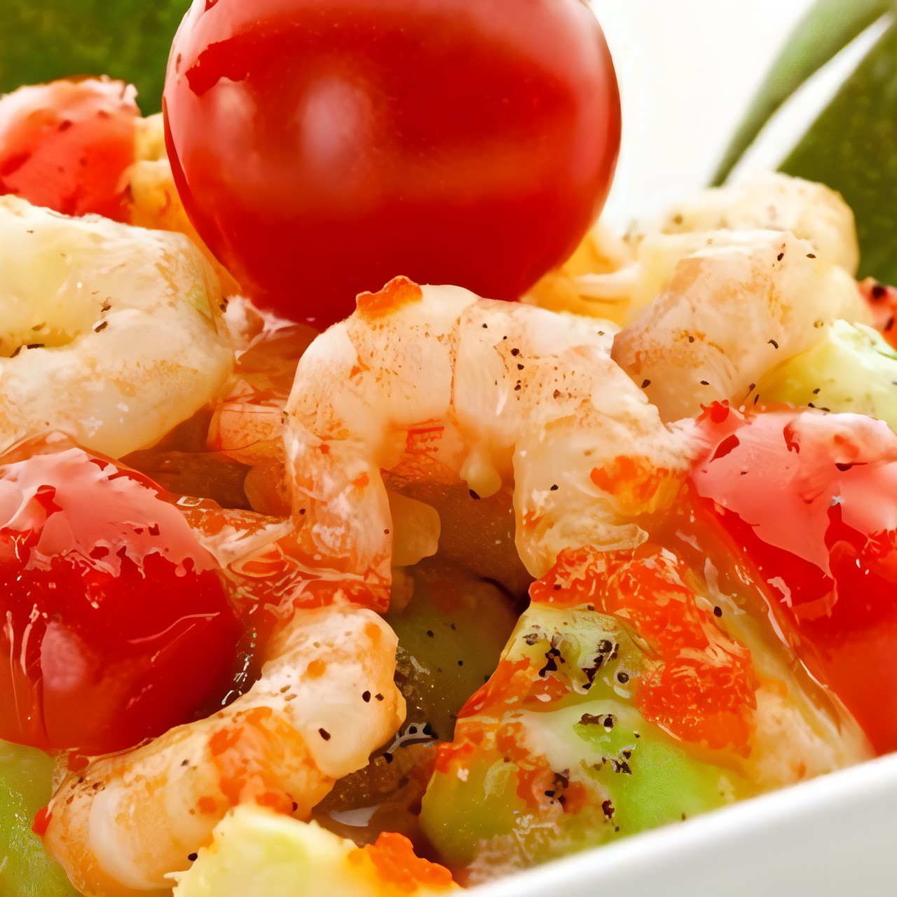 Салат с креветками, авокадо и черри