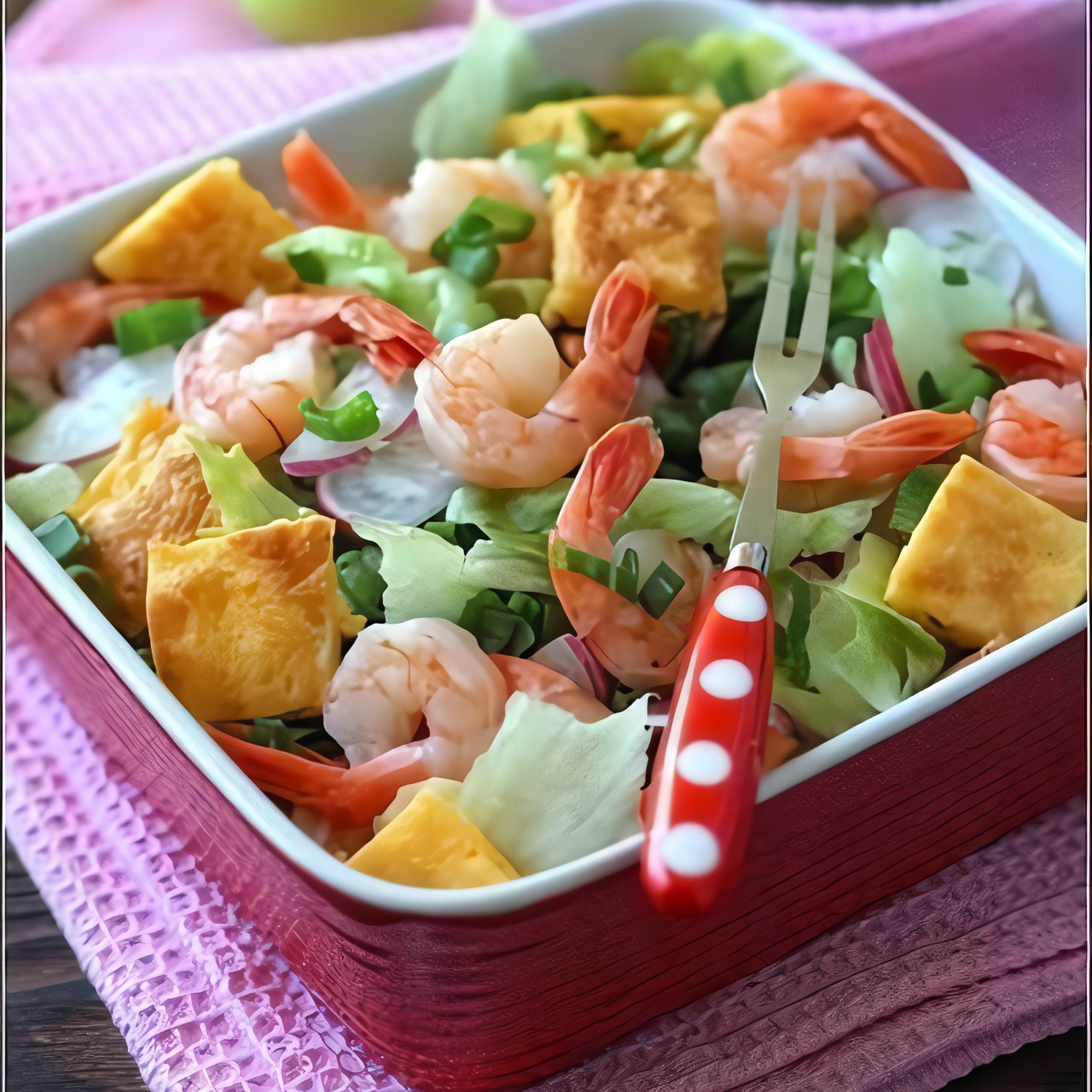 Салат с креветками и сырным омлетом