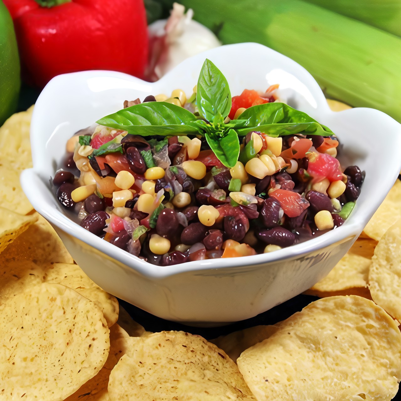 Салат с жареной кукурузой, черной фасолью и манго