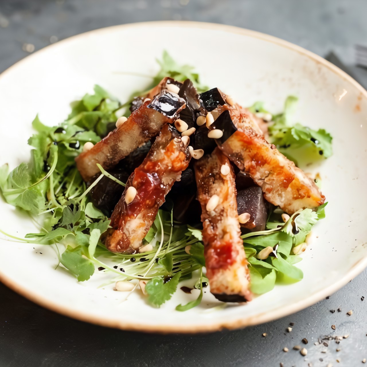 Салат со свеклой, баклажаном по-азиатски и рукколой