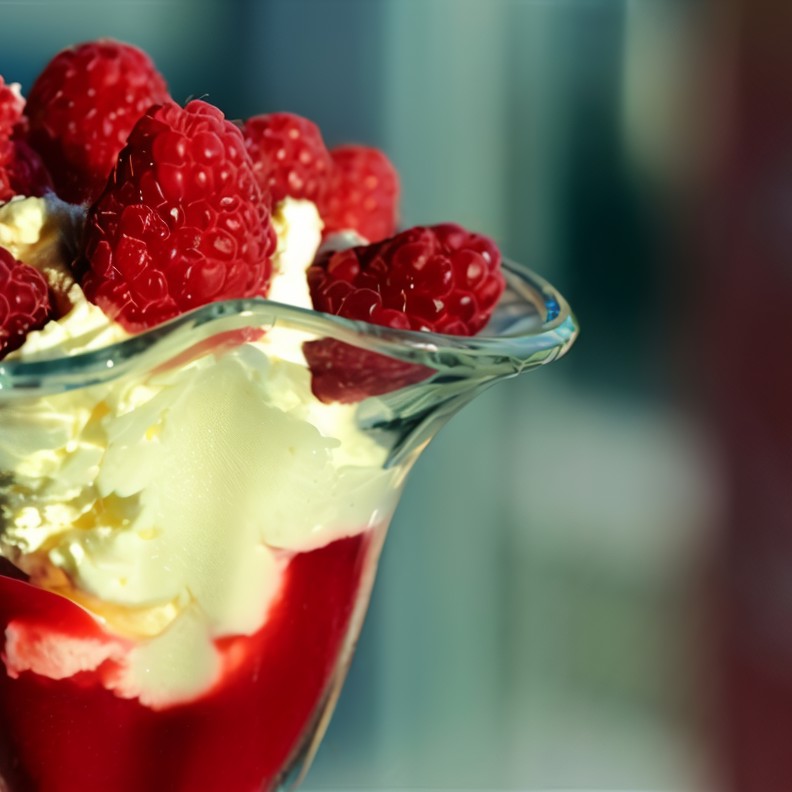 Санди из малины и ревеня со взбитыми сливками и грецкими орехами