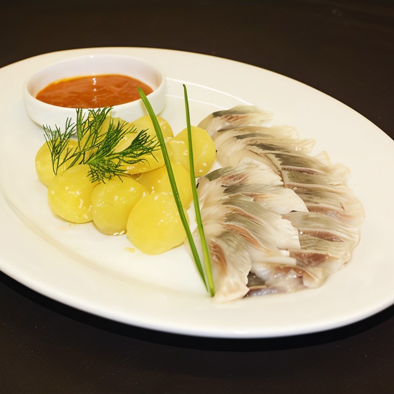 Сельдь с картофелем и конфитюром из облепихи