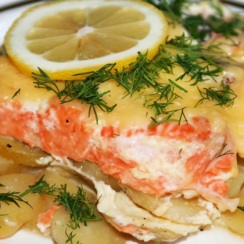 Семга, запеченная с картофелем, под сметанным соусом
