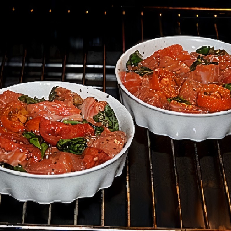 Семга, запеченная с томатами и базиликом