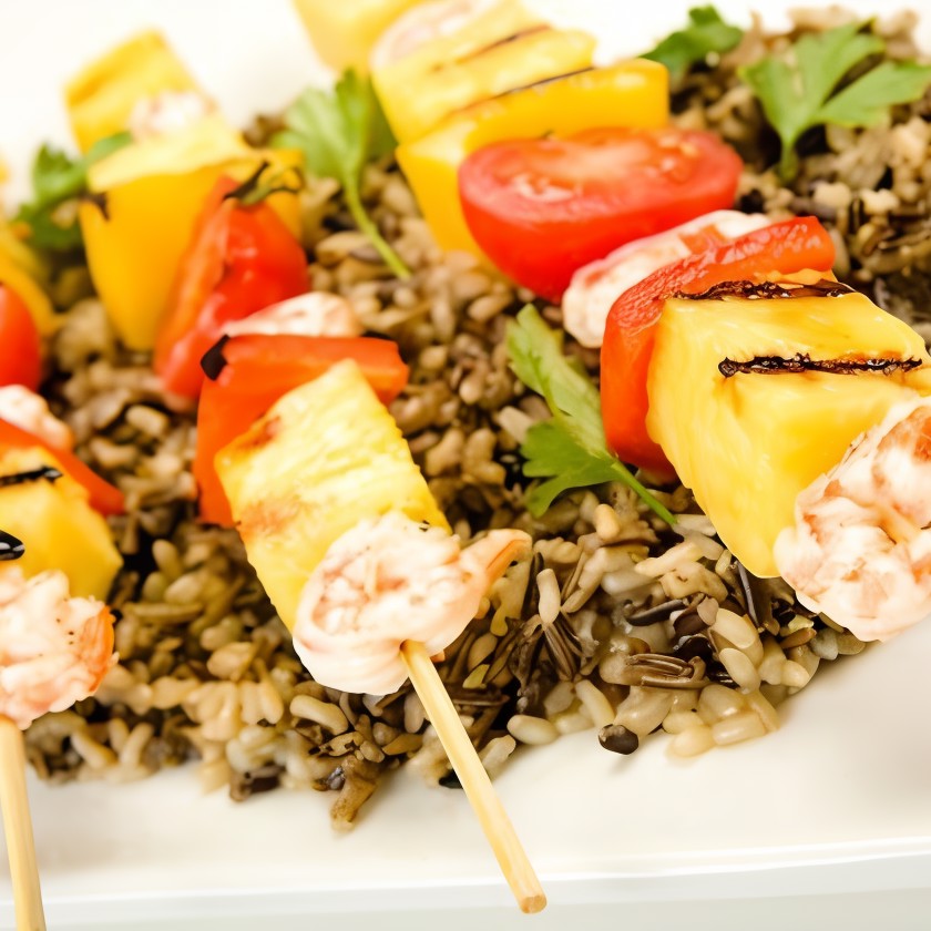 Шашлыки из креветок и ананасов на гриле в соусе терияки с кунжутом