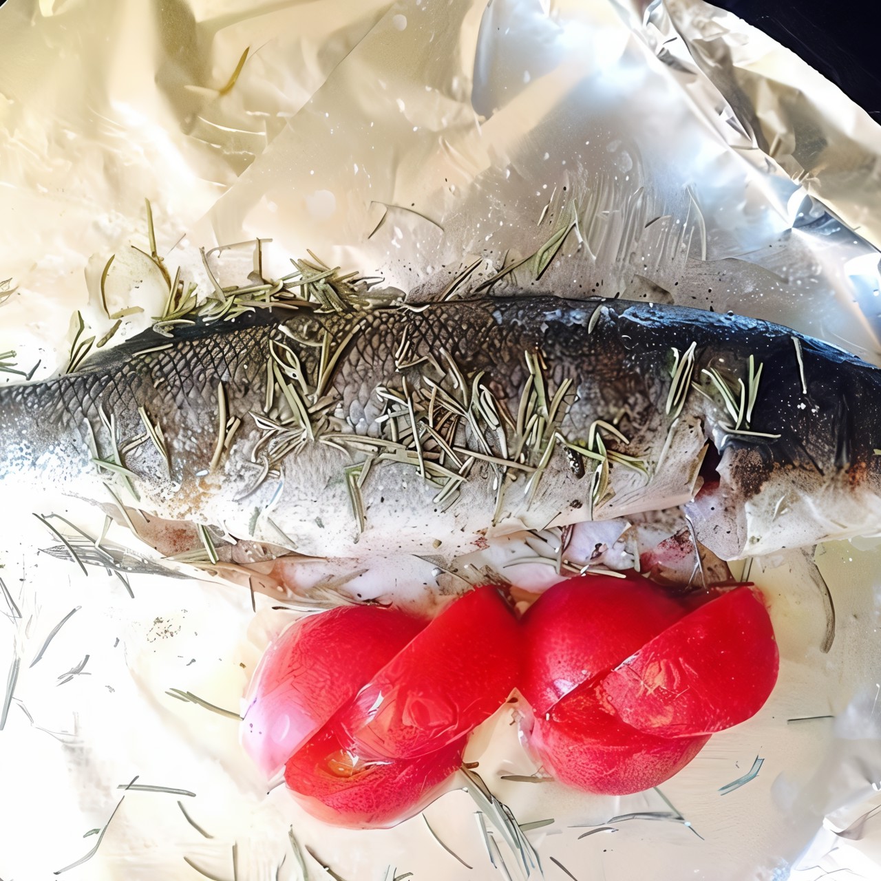 Сибас, запеченный с томатами