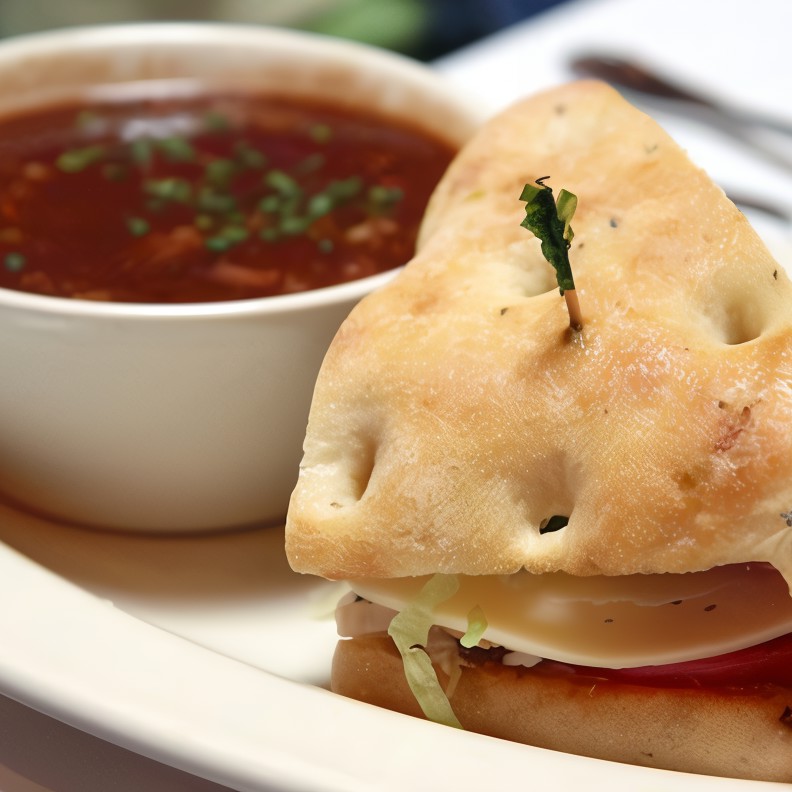 Сэндвичи из фокаччи с рукколой, моцареллой, маринованным красным луком и помидорами