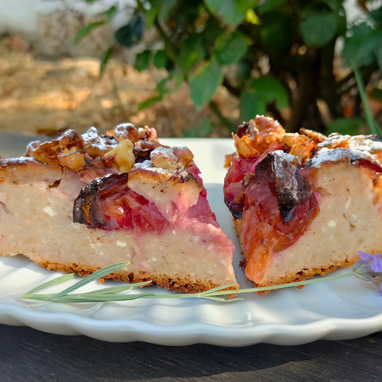 Сливовый пирог с какао и орехами