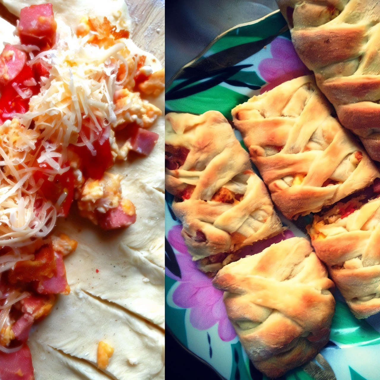 Слоеная косичка с колбасой, помидорами и сыром