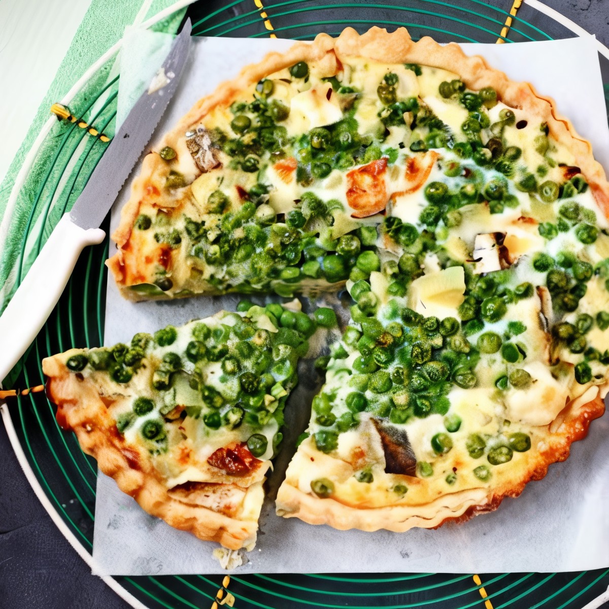 Слоеный пирог с зеленым горошком, беконом, пармезаном и зеленью