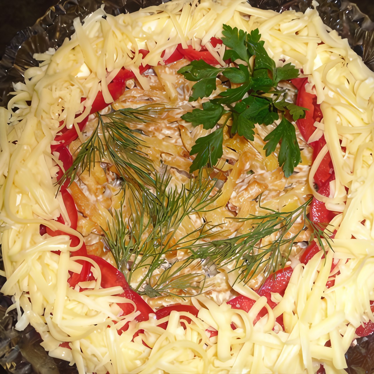 Слоеный салат с мясом и овощами