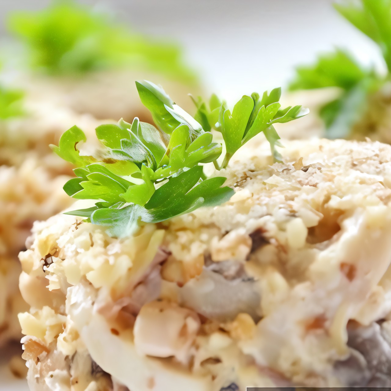 Слоеный салат с ветчиной и шампиньонами «Любимый»