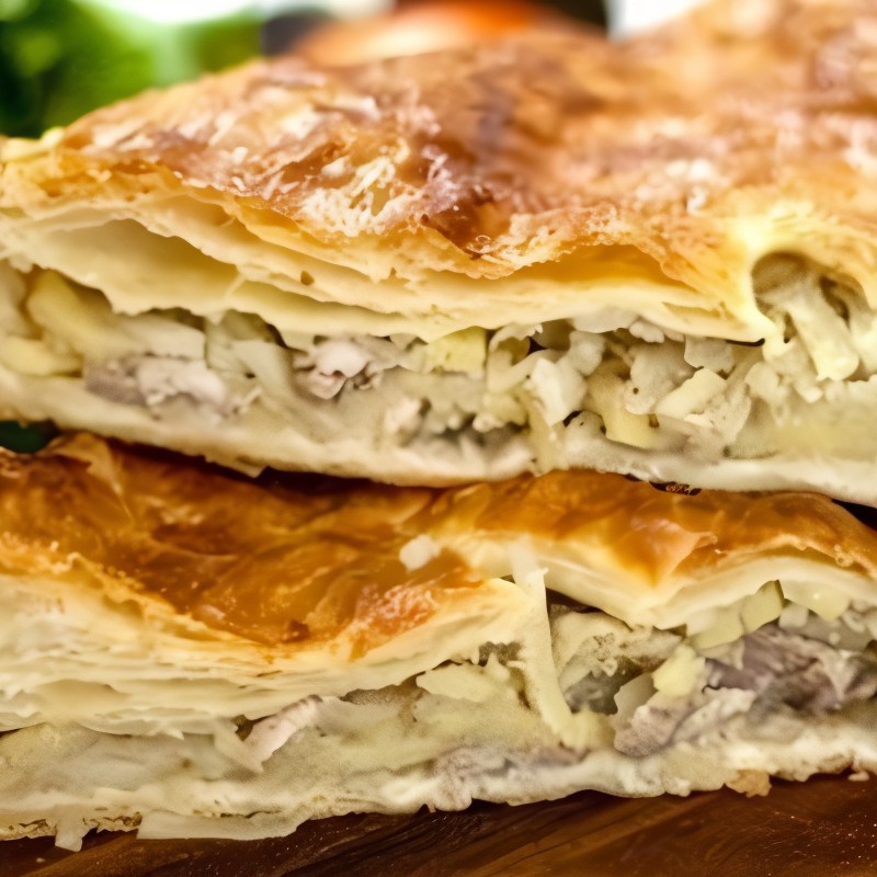 Сочный пирог с курицей из слоеного теста
