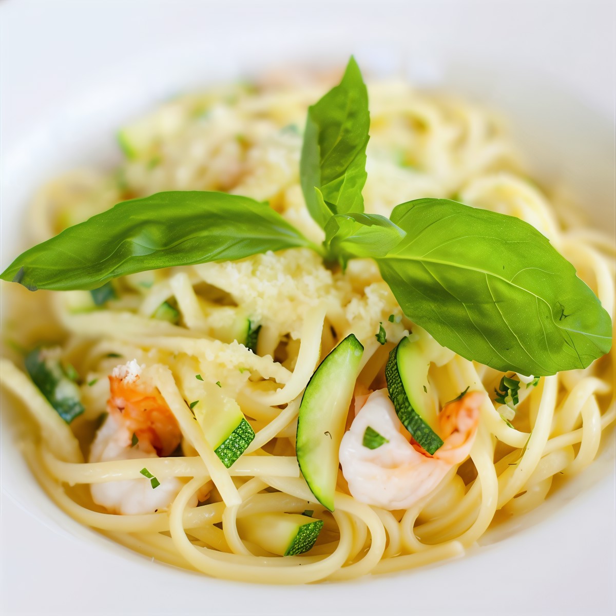 Спагетти с креветками и цукини