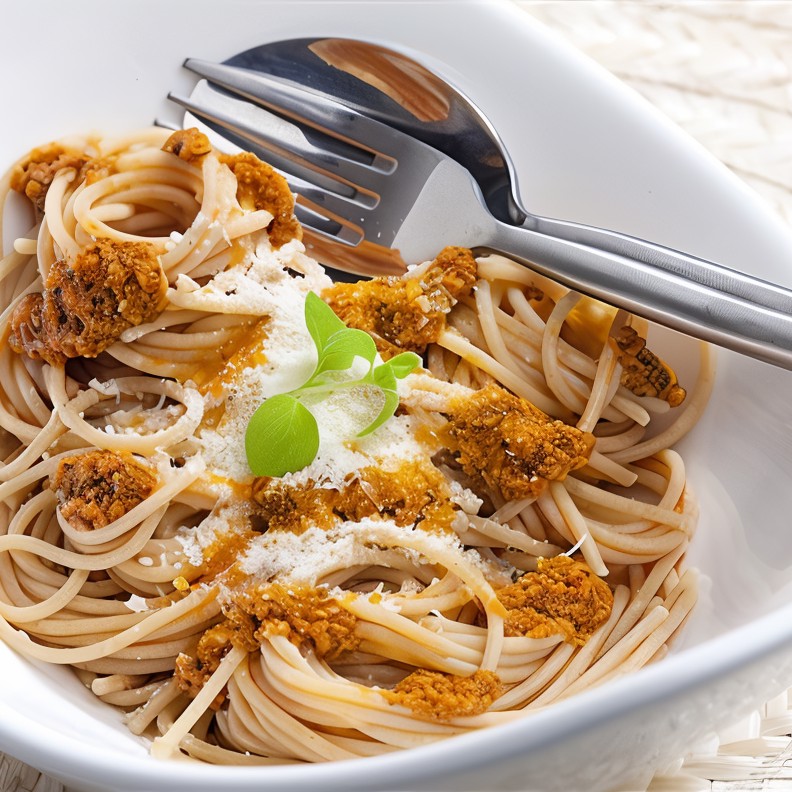 Спагетти с песто, анчоусами и вялеными томатами