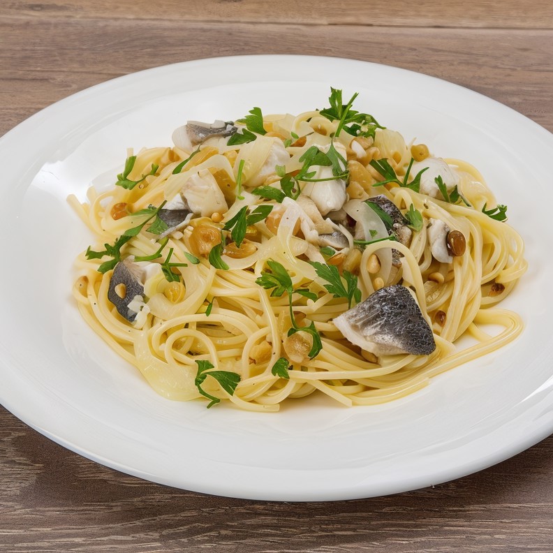 Спагетти с сибасом, изюмом и кедровыми орешками