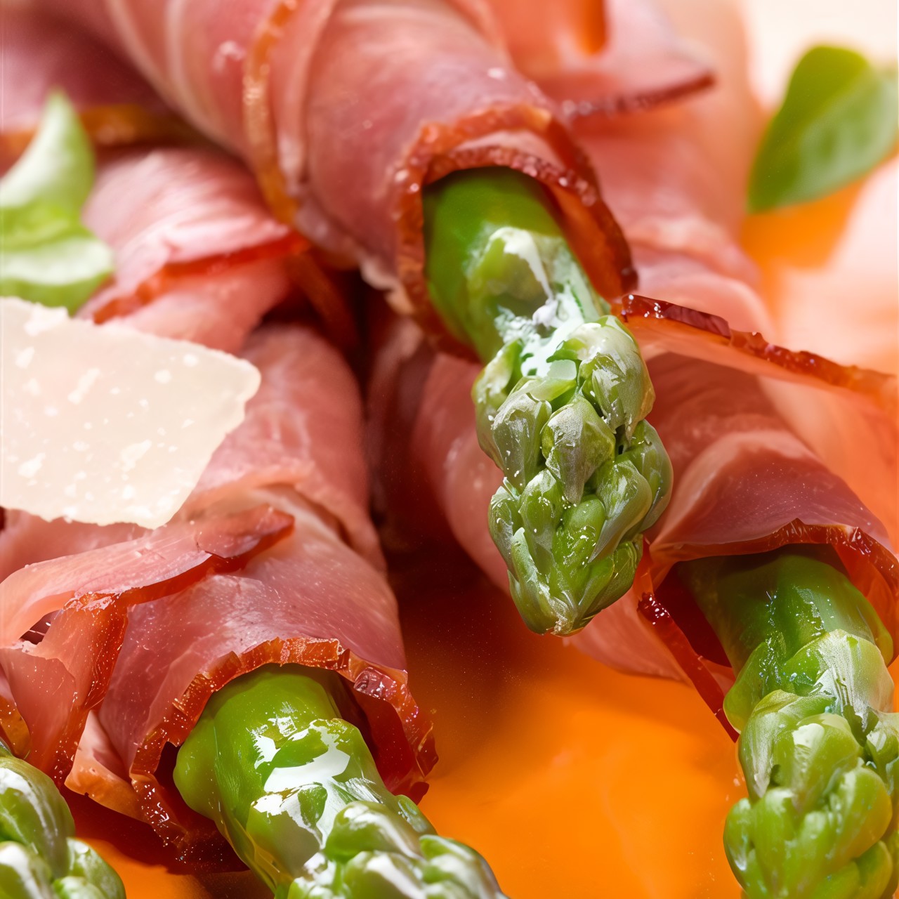 Спаржа, завернутая в ветчину серрано, с листьями салата, миндалем и виноградом