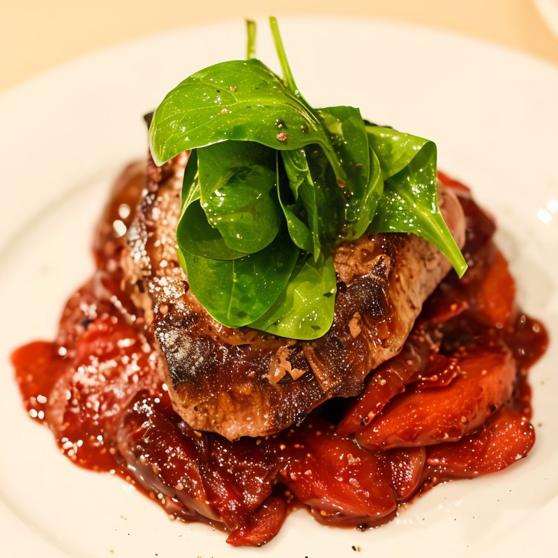 Стейк c инжиром и яблокам в винном соусе