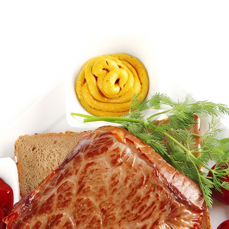 Стейк из маринованной пашины на хлебе с вялеными томатами и чесноком