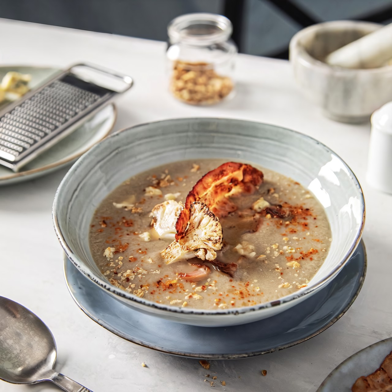 Суп-пюре из цветной капусты и шампиньонов с сыром дорблю и беконом