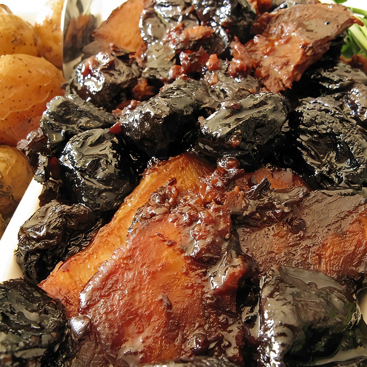 Свиная корейка с черносливом, яблоками и сливками