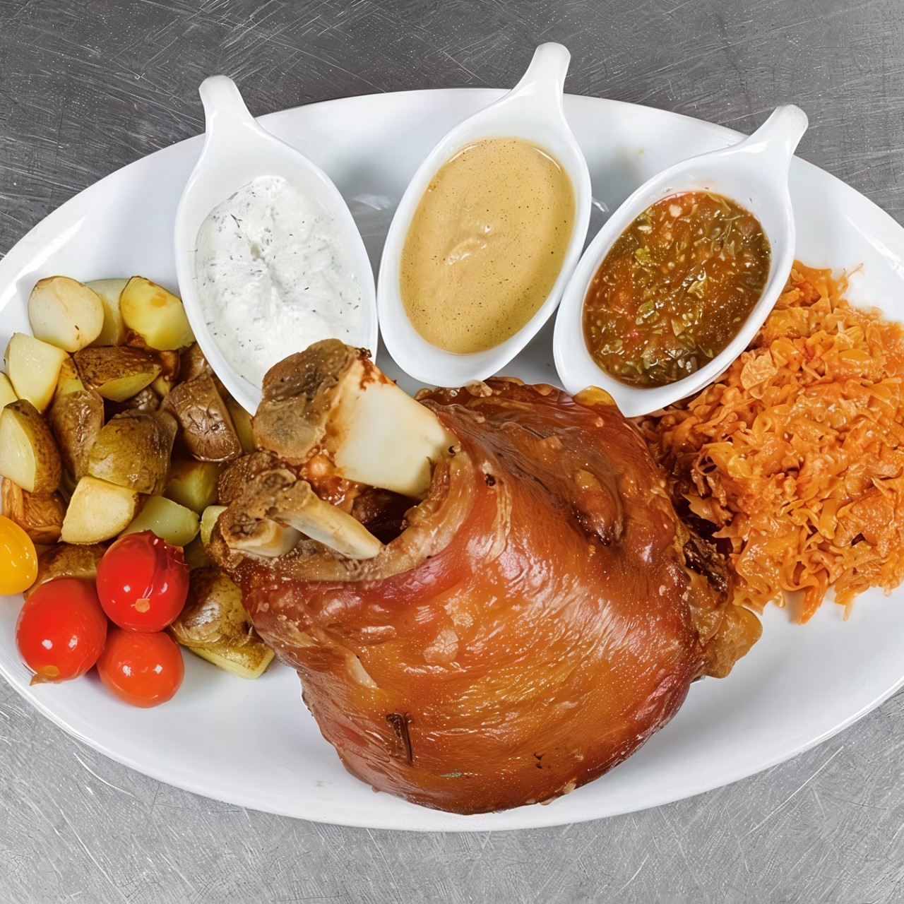 Свиная рулька с тушеной капустой и картофелем