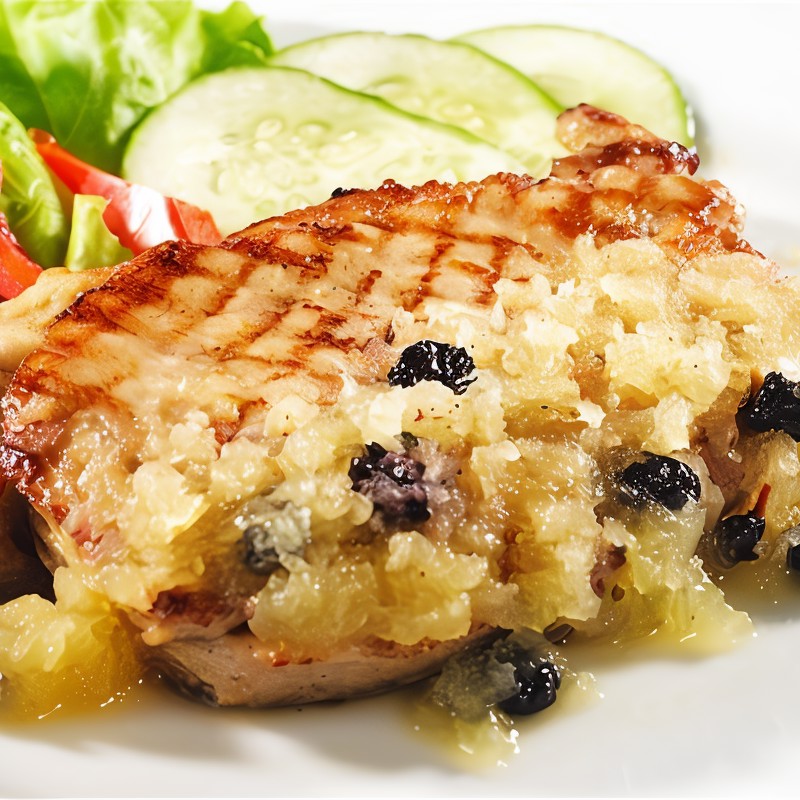 Свинина, маринованная в яблочном уксусе, с яблоками на гриле