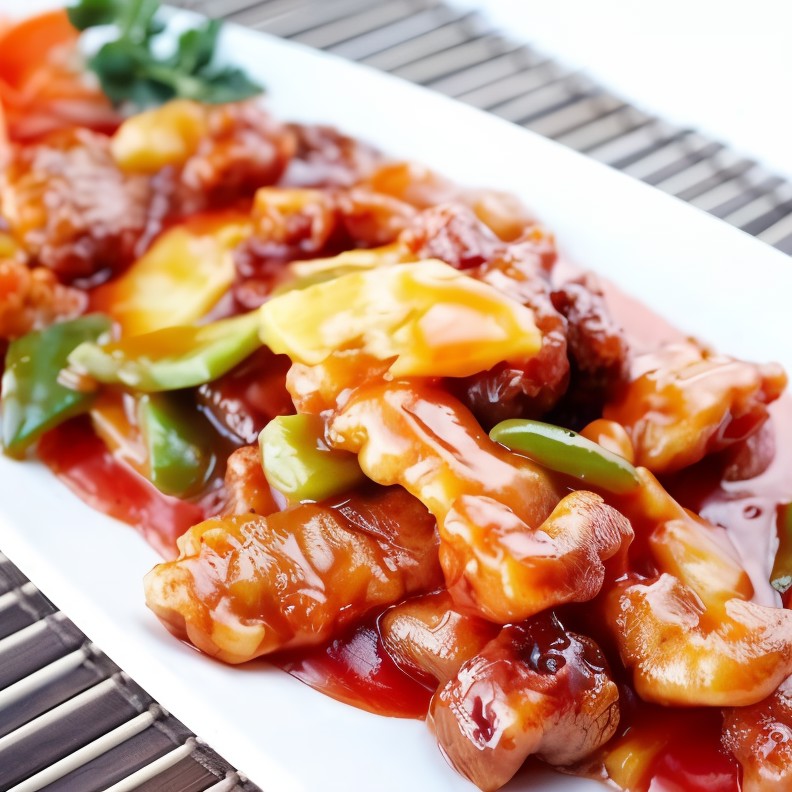 Свинина с персиками в соевом соусе со специями