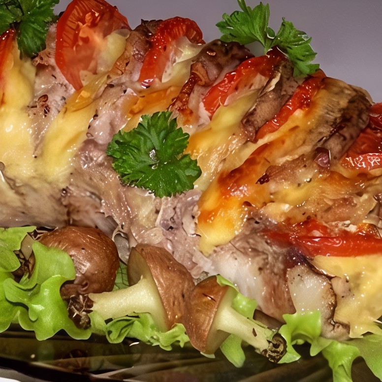 Свинина, запеченная гармошкой, с картофельными грибами