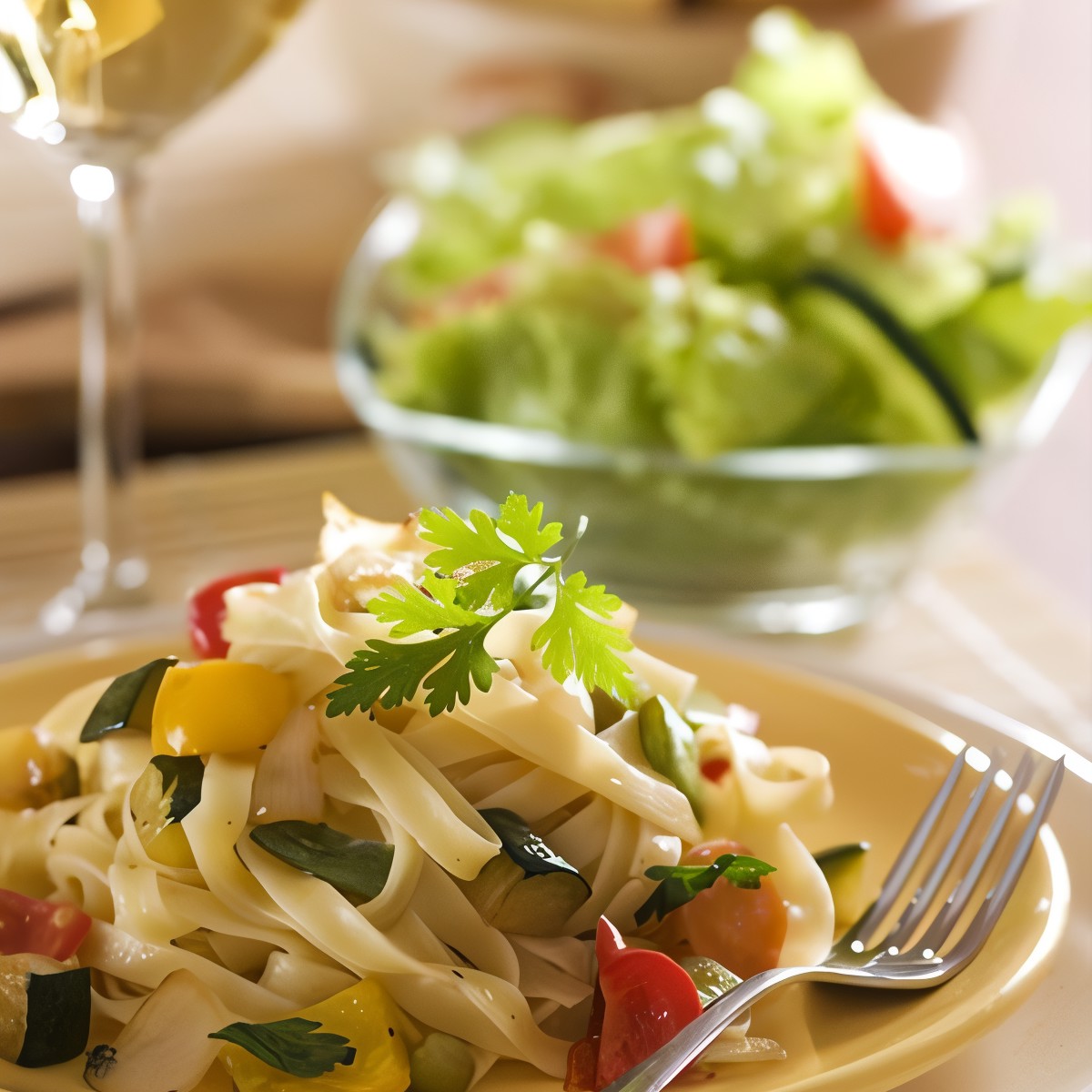 Тальятелле с кабачками, чесноком, лимоном и чили