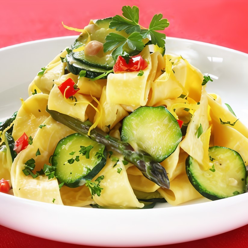 Тальятелле со спаржей, цукини, зеленым луком и цедрой лимона