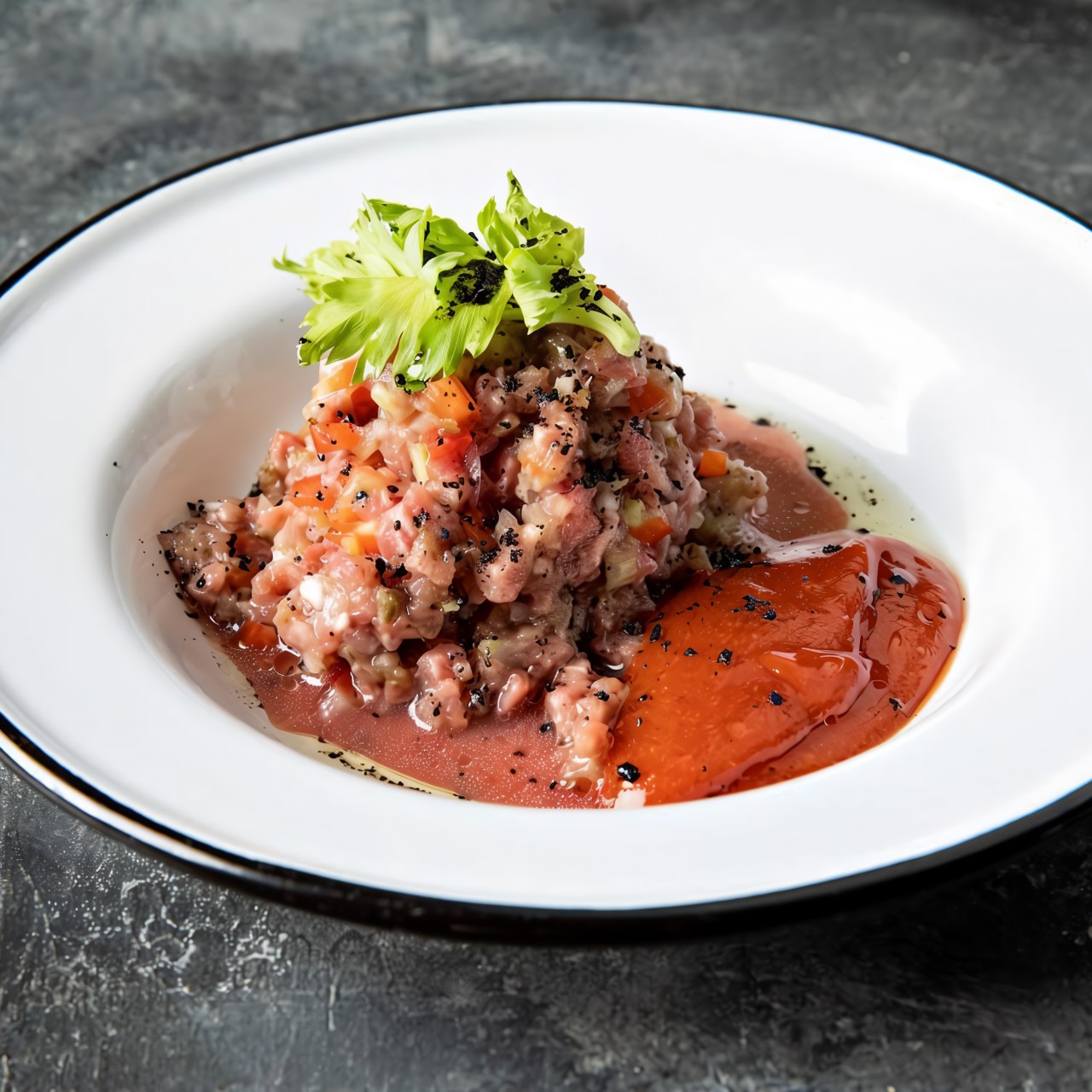 Тартар из говядины с соусом «Кровавая Мэри»