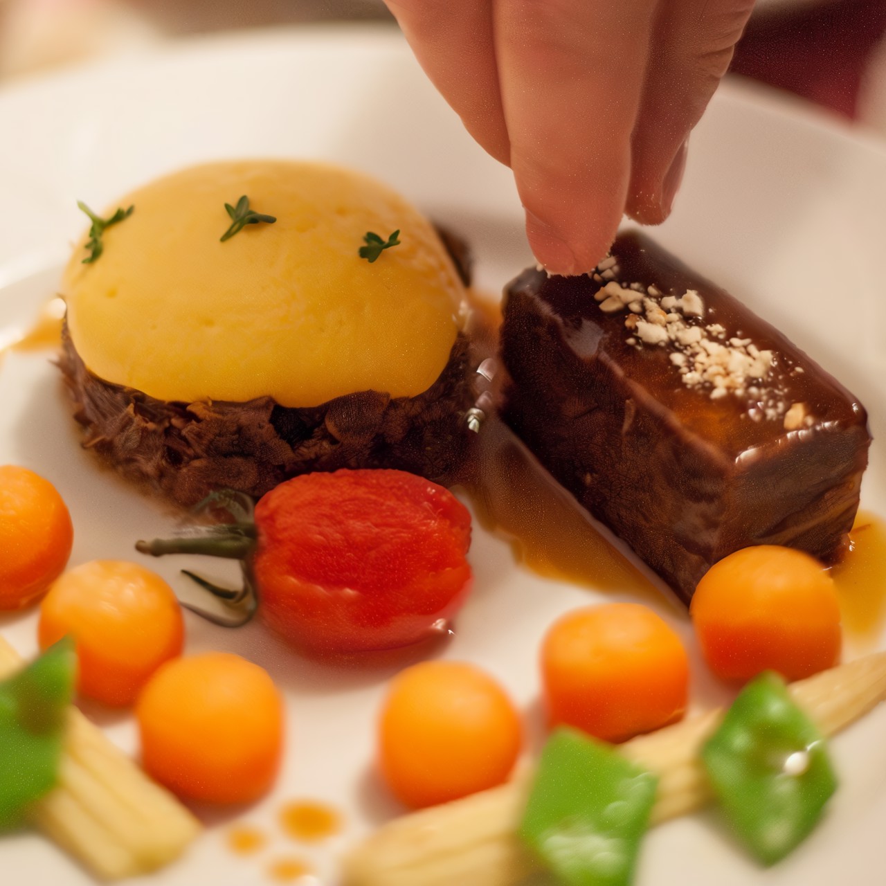 Телячьи щечки и хвосты с овощами и воздушной тыквой