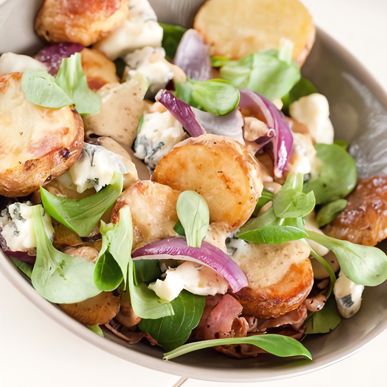 Теплый картофельный салат с маслинами, фетой и мятой