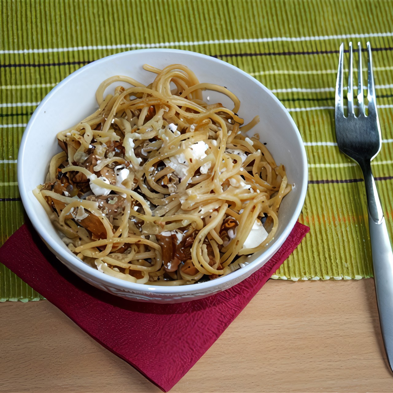 Теплый салат из лисичек, феты и пасты