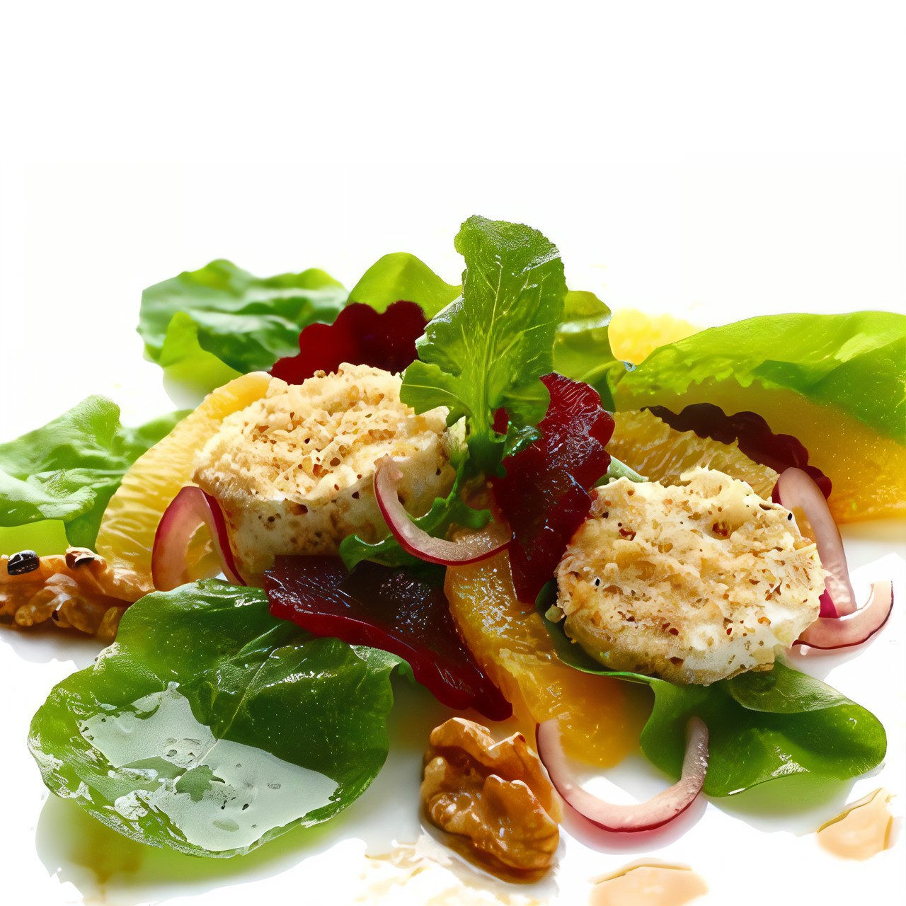 Теплый салат из жаренной в хлебных крошках моцареллы, свеклы и картофеля